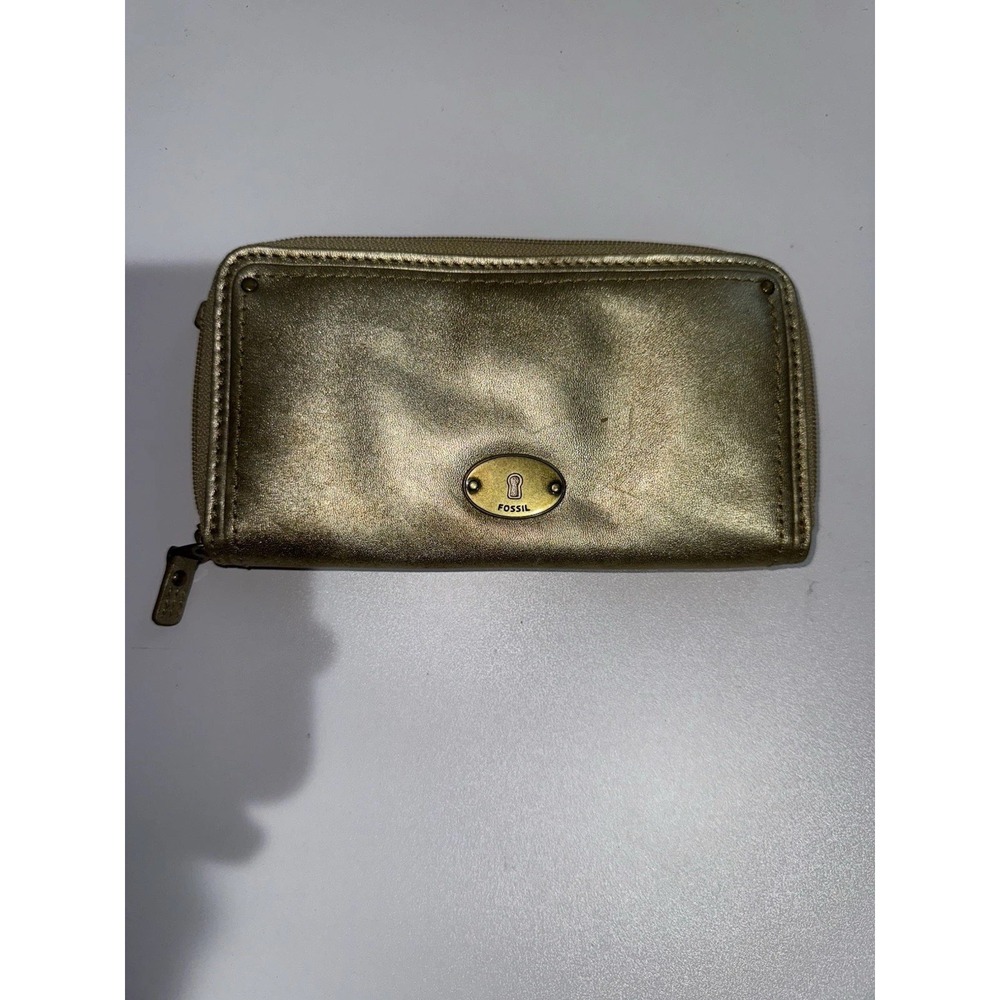 NWOT FOSSIL Logan RFID Zip Around Wallet Clutch Wristlet Phone Wallet Gold J